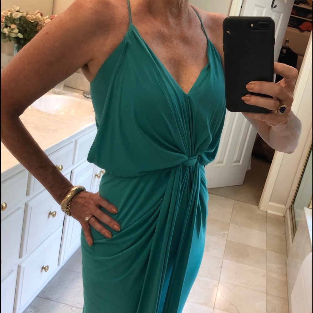 Evening cocktail dress gathered stretch green, SzS - Picture 3 of 7